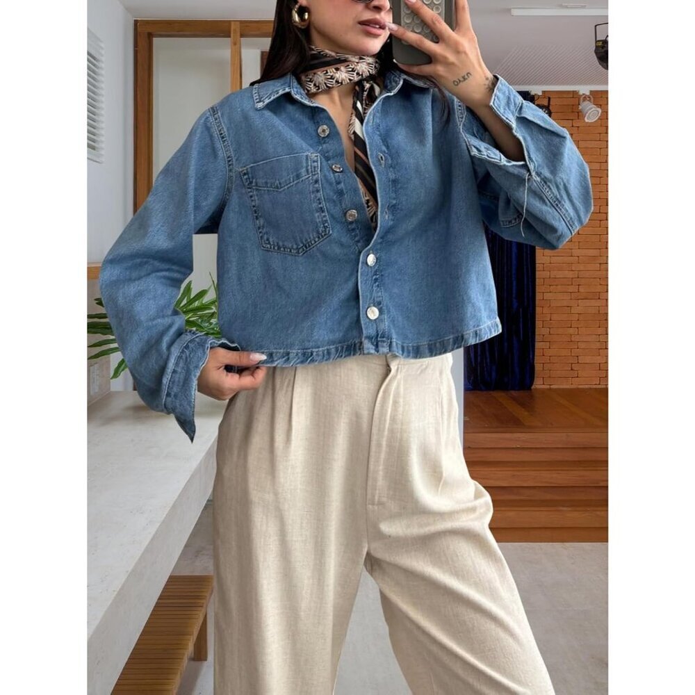Women's Crop Jean Denim Jackets Button Down Long Sleeve Jacket Coat Blue-b - Picture 6 of 7